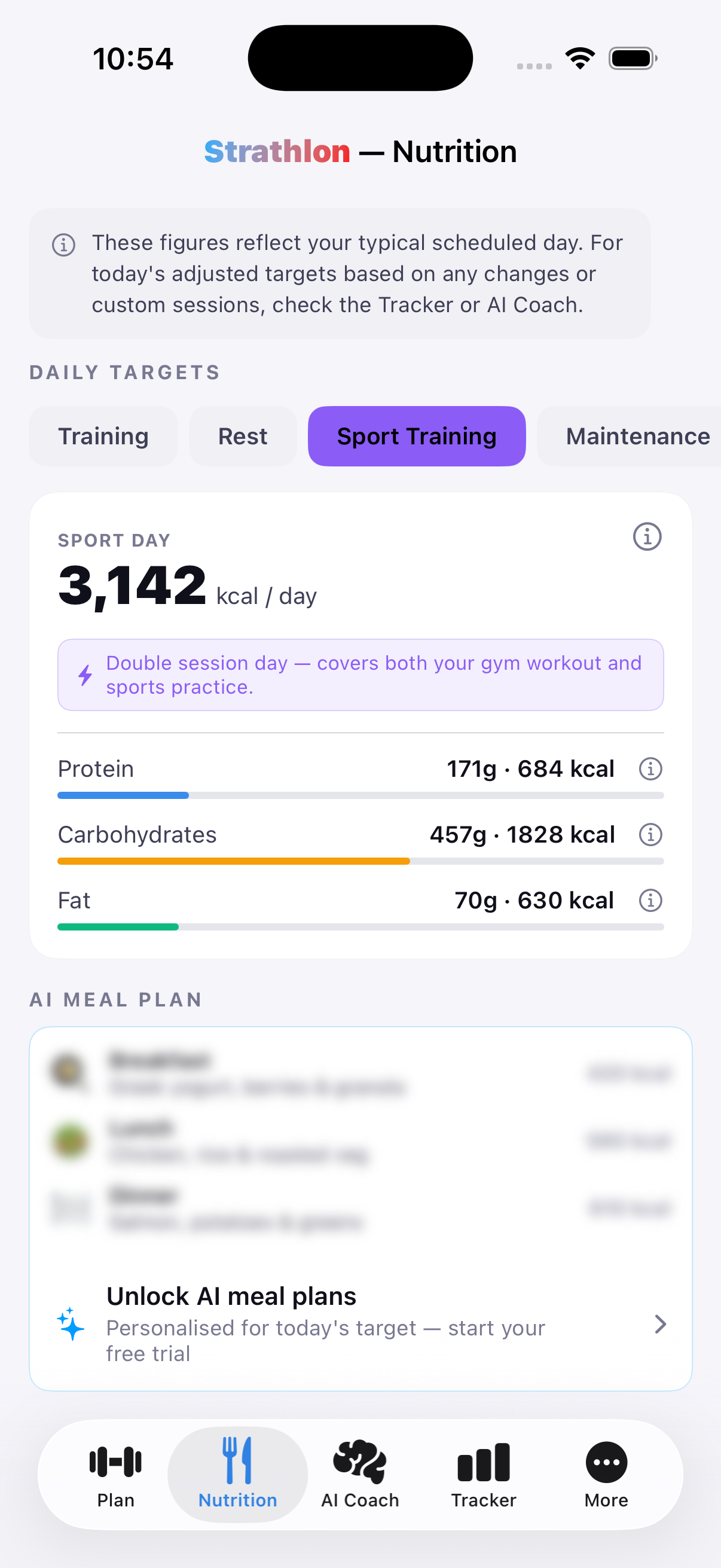 Strathlon's Nutrition tab showing Walking sport-training-day calorie and macro targets