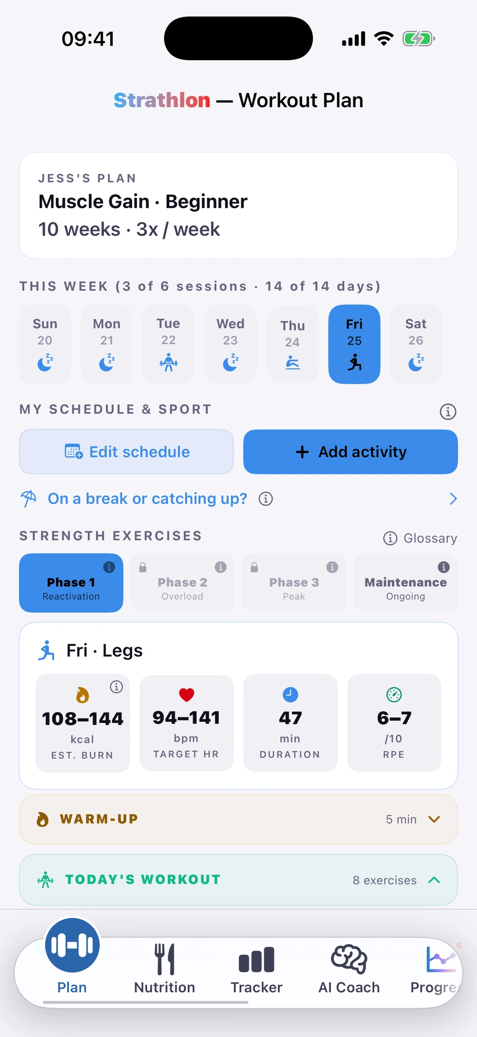 Strathlon Plan tab on the muscle gain goal, scrolled from top to bottom: Jess's plan, Muscle Gain, Beginner, 10 weeks, 3 times a week; this week's strip; Phase 1 Reactivation; Friday's Legs session with the same exercises, sets and reps as the fat loss plan; and a core finisher.
