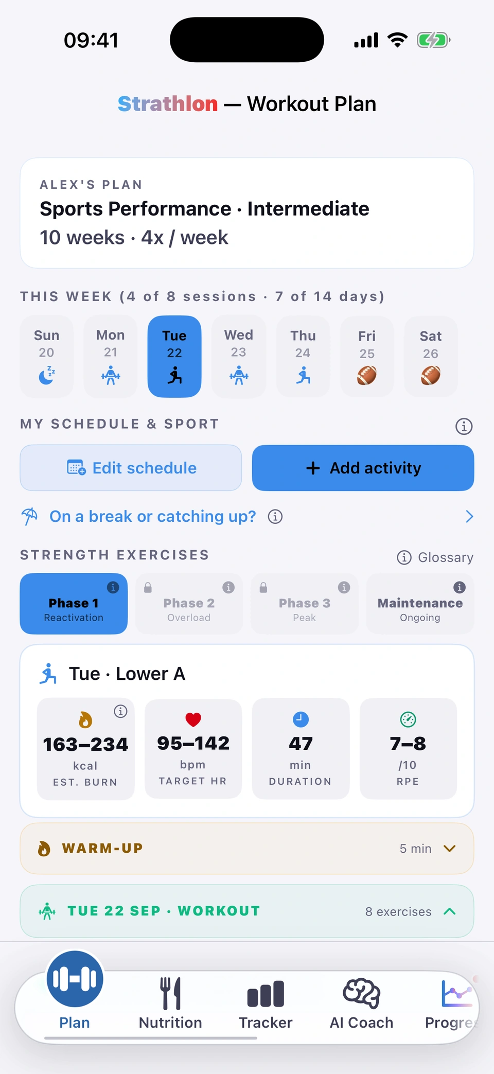 Strathlon Plan tab for an American football player, scrolled from top to bottom: Alex's plan, Sports Performance, Intermediate, 4 times a week; this week's strip with gym sessions Monday to Thursday and American football on Friday and Saturday; Tuesday's Lower A session, estimated burn 163 to 234 kcal; Barbell Back Squat, Romanian Deadlift, Barbell Hip Thrust and Leg Extension; then American football, sport work: Nordic Hamstring Curl, 3 sets of 6, and Sled Push, 3 sets of 20 m; and a core finisher.