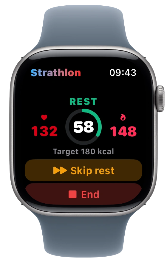 Strathlon on Apple Watch during a rest: Rest, 58 seconds left on the ring, heart rate 132, 148 kcal, target 180 kcal, with Skip rest and End buttons. Grey Apple Watch with a blue Sport Band.